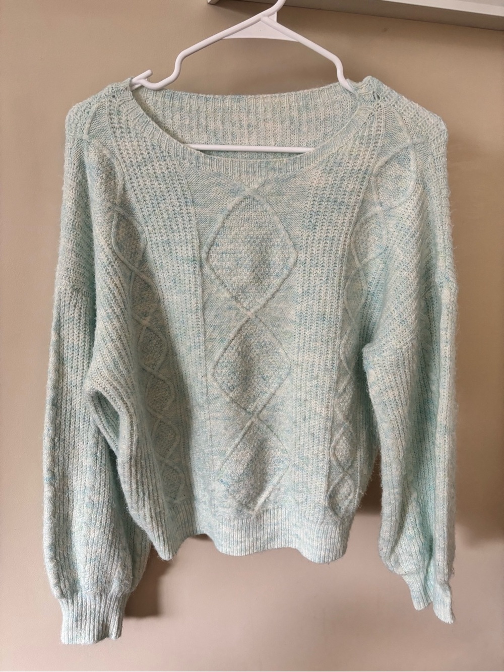 SHEIN Mint Blue Cable Knit Scoop Neck Sweater